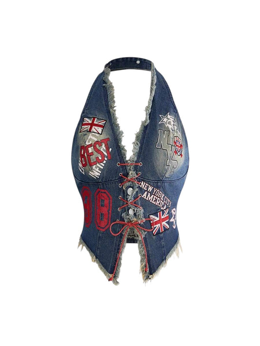 Plus Size Washed Graphic Halter Blue Denim Top with Frayed Hem