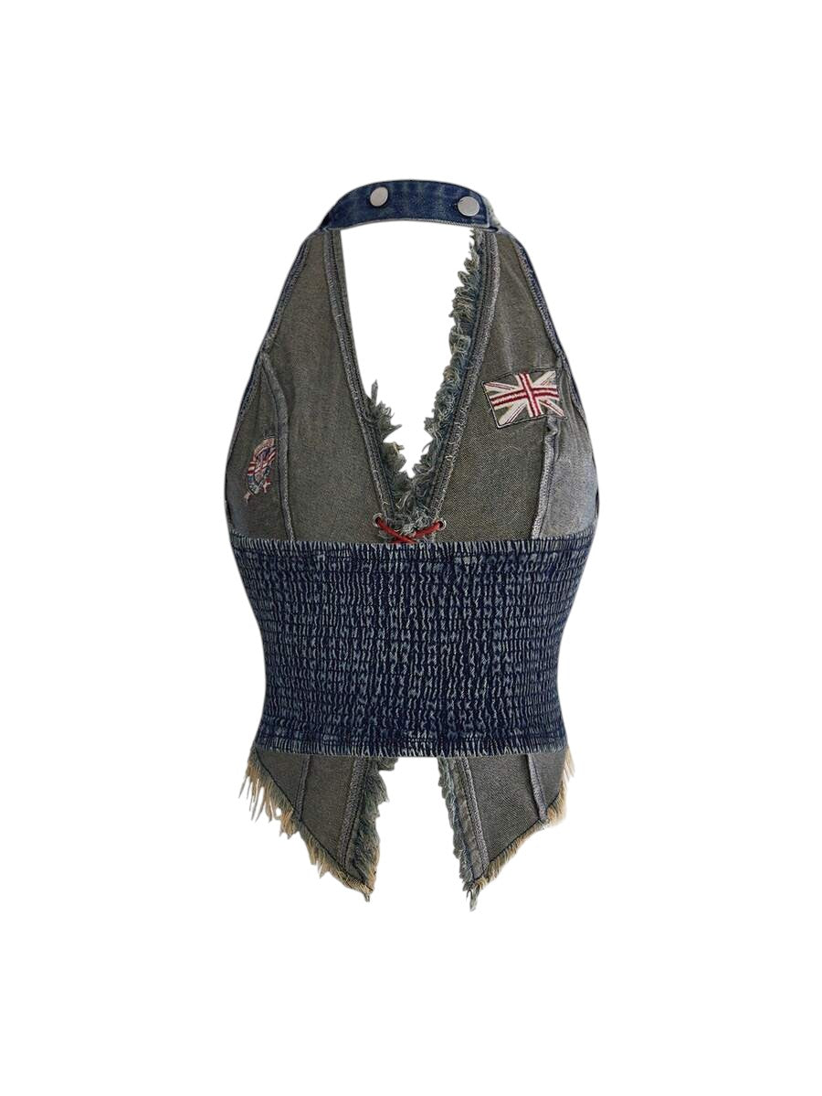 Plus Size Washed Graphic Halter Blue Denim Top with Frayed Hem