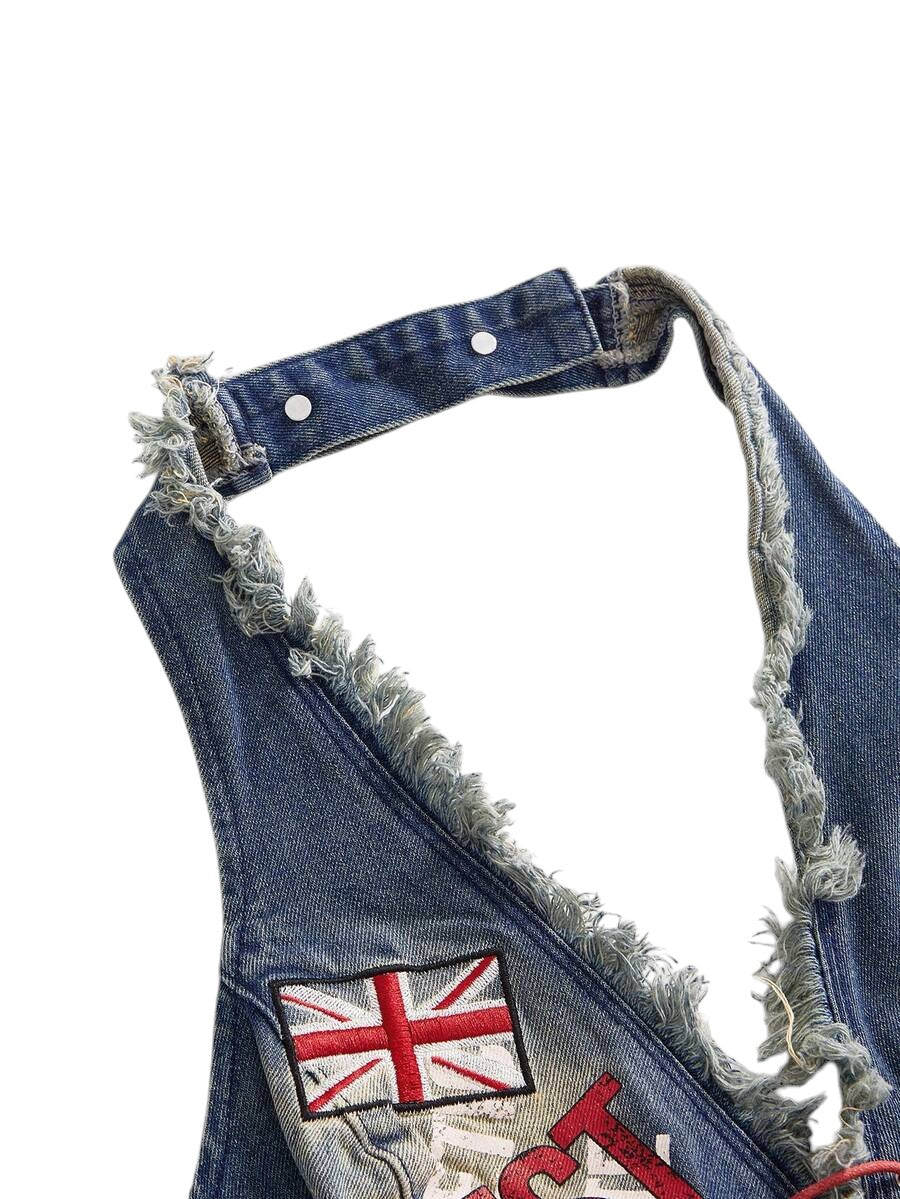 Plus Size Washed Graphic Halter Blue Denim Top with Frayed Hem