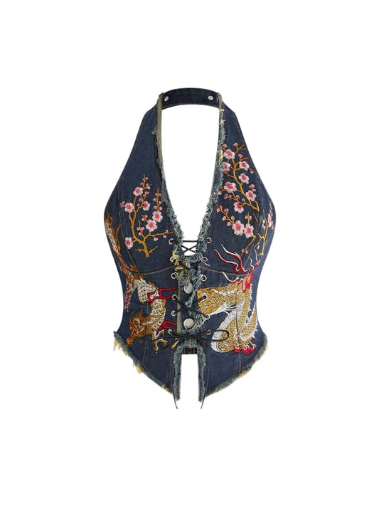 Plus Size Blue Chinese-Inspired Embroidered Halter Denim Top