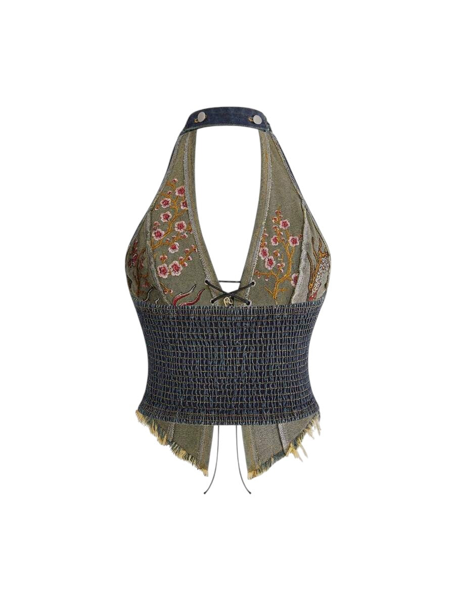 Plus Size Blue Chinese-Inspired Embroidered Halter Denim Top