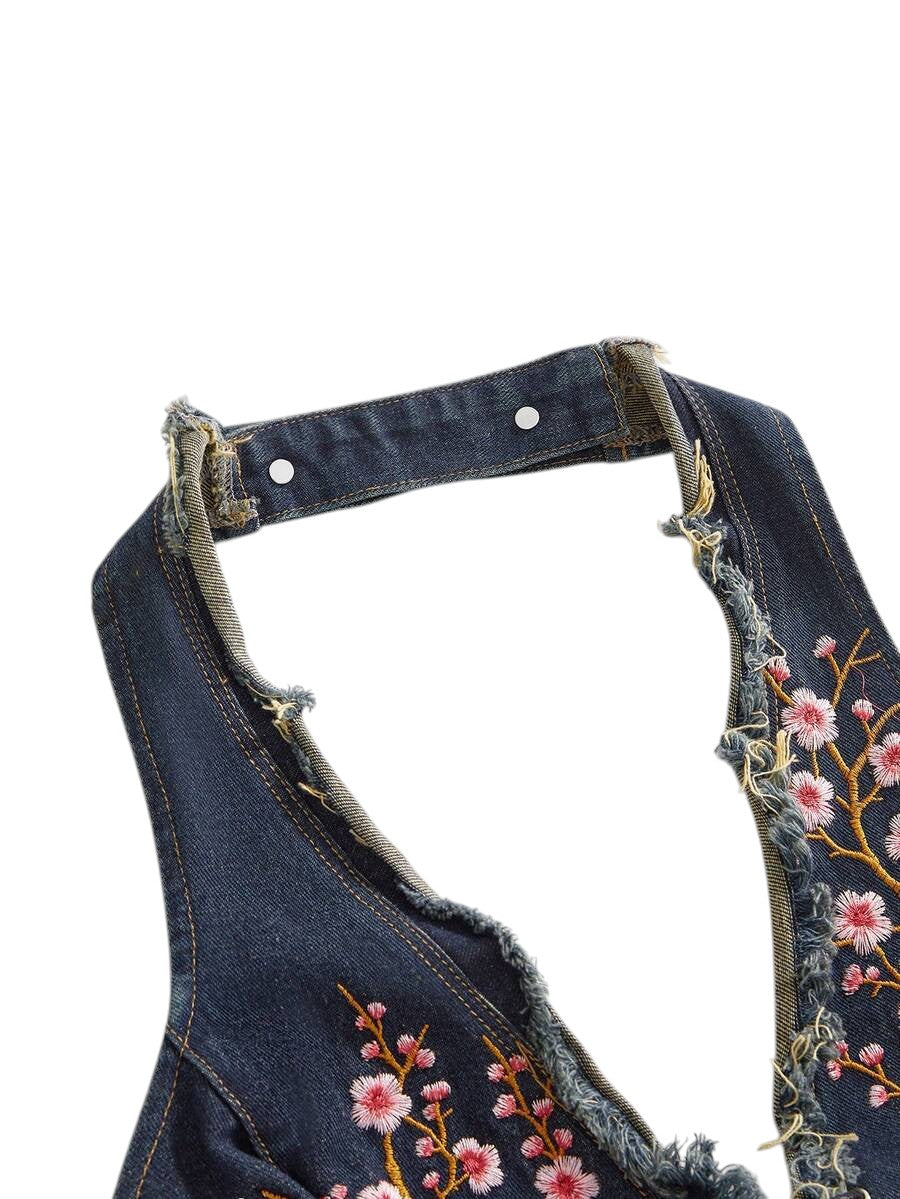 Plus Size Blue Chinese-Inspired Embroidered Halter Denim Top