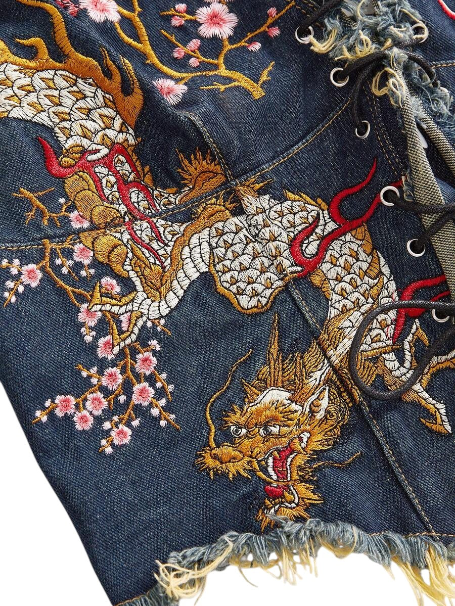Plus Size Blue Chinese-Inspired Embroidered Halter Denim Top