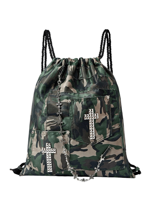 Y2K Gothic Camo Cross Chain Multi-Pocket Drawstring Backpack