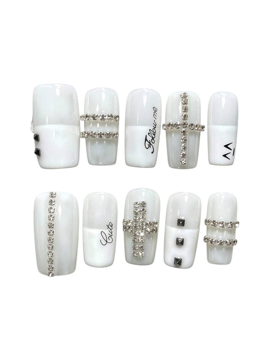 20pcs Y2K White Cross Rivet French Tip Press-On Nails Set