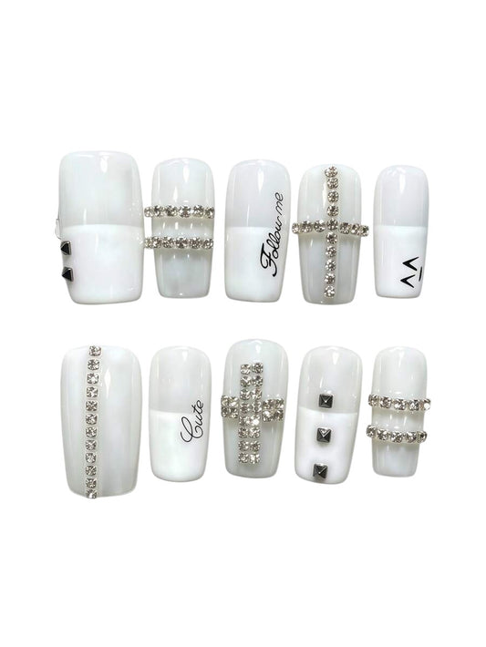 20pcs Y2K White Cross Rivet French Tip Press-On Nails Set