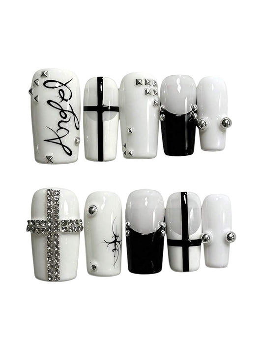 20pcs Y2K White Cross Rivet Pop Art French Tip Press-On Nails Set