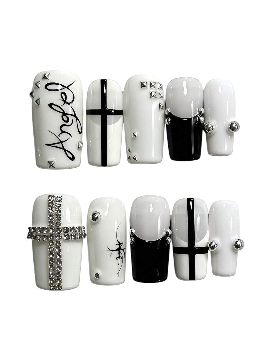 20pcs Y2K White Cross Rivet Pop Art French Tip Press-On Nails Set