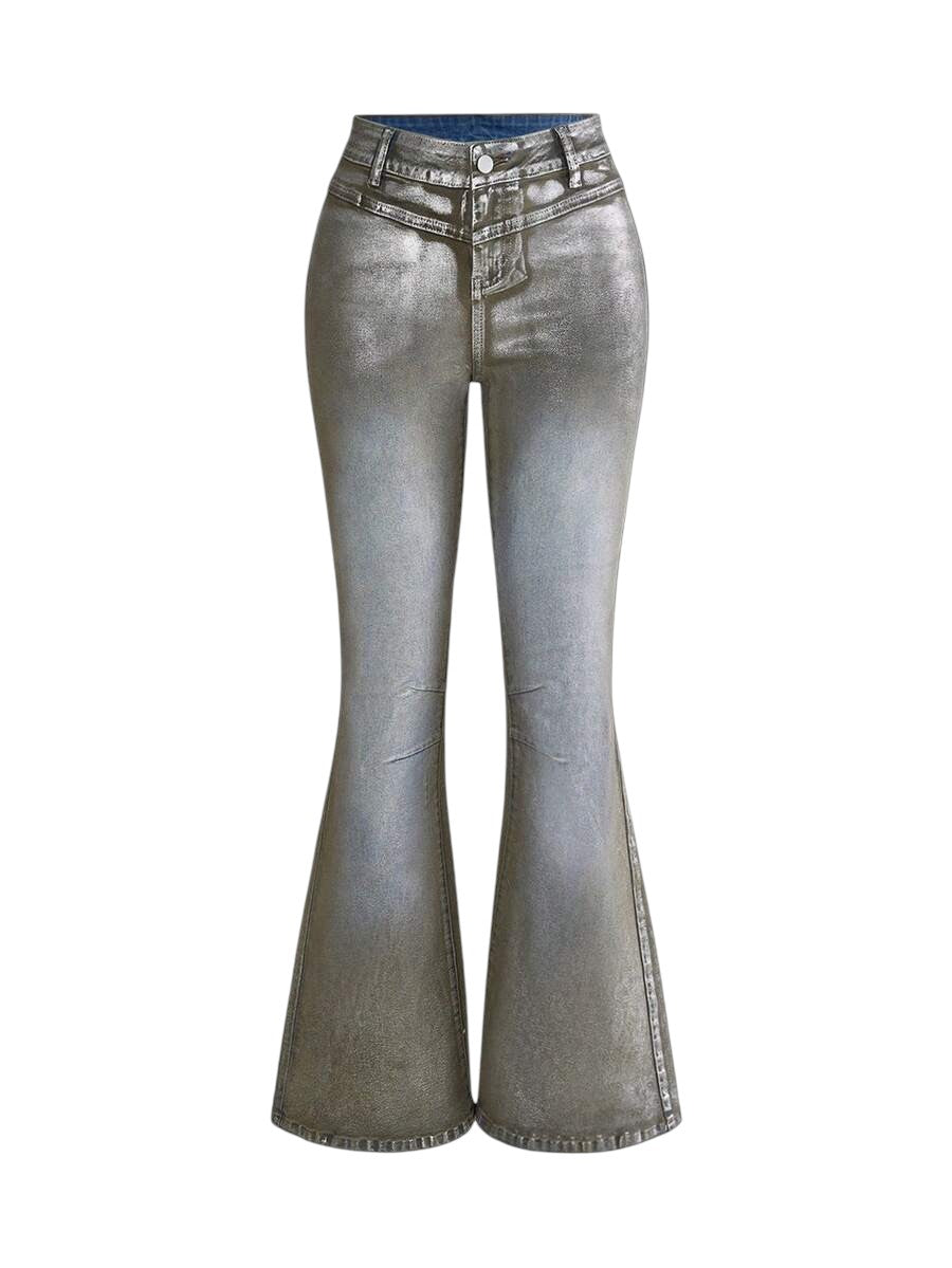 Women's Retro Y2K Silver Coated Flare Denim Jeans