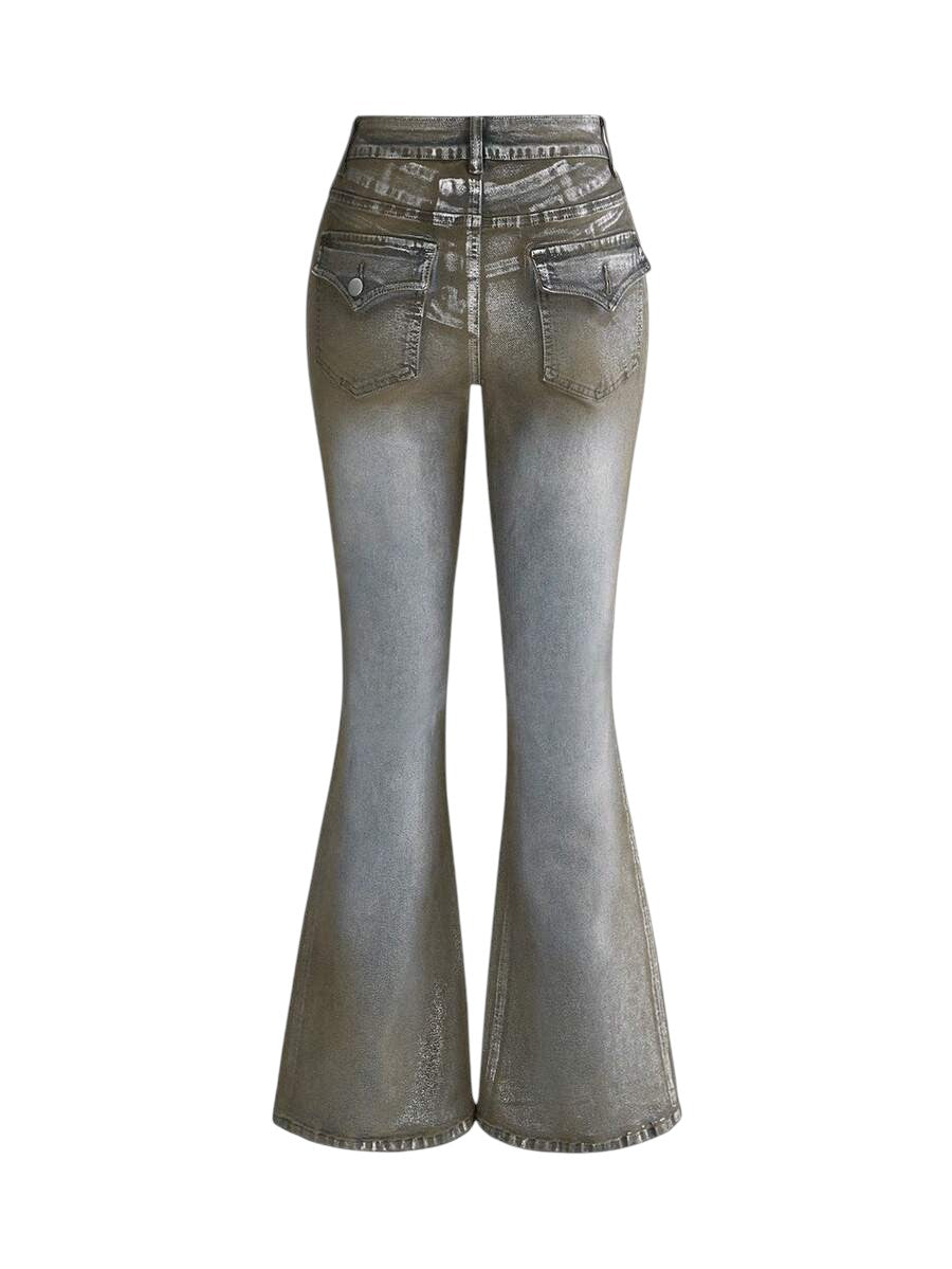 Women's Retro Y2K Silver Coated Flare Denim Jeans
