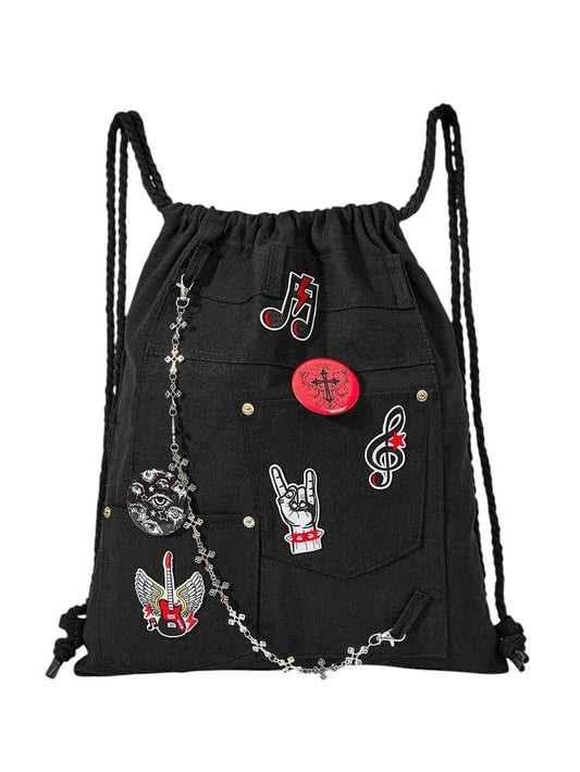 Black Rock Note Embroidered Multi-Pocket Drawstring Utility Backpack