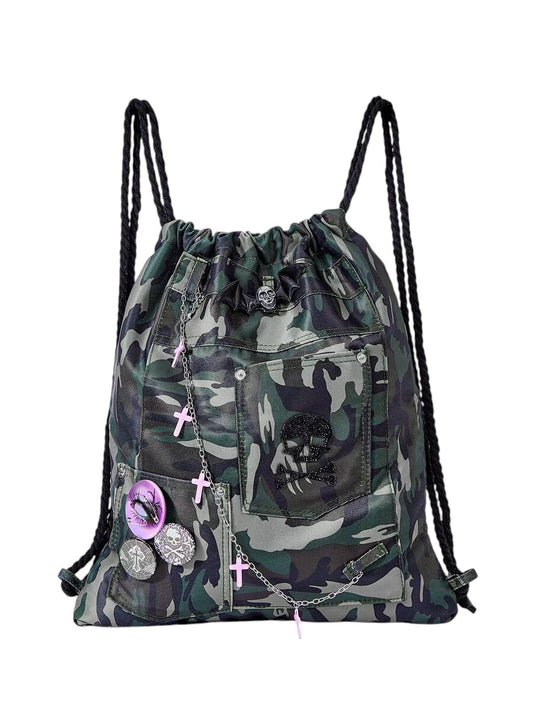 Desert Camo Skull Cross Chain Multi-Pocket Drawstring Backpack