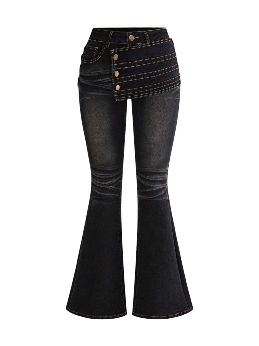 Dark Wash Ultra Low Rise Flared Denim Pants with Metallic Details