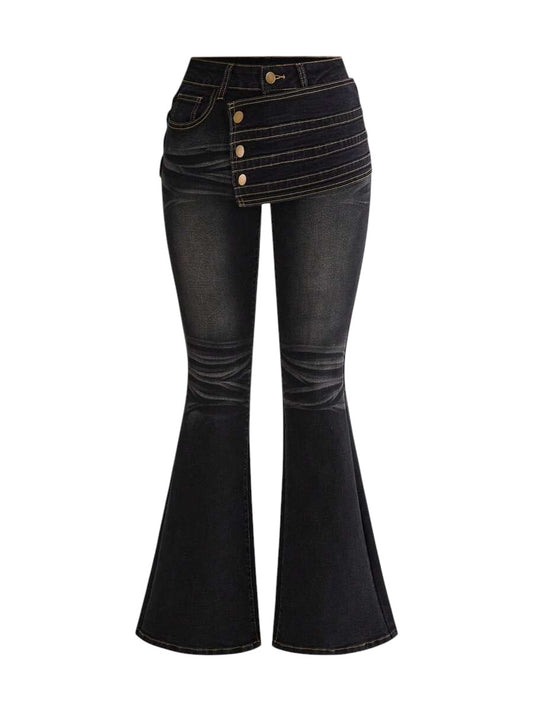 Dark Wash Ultra Low Rise Flared Denim Pants with Metallic Details