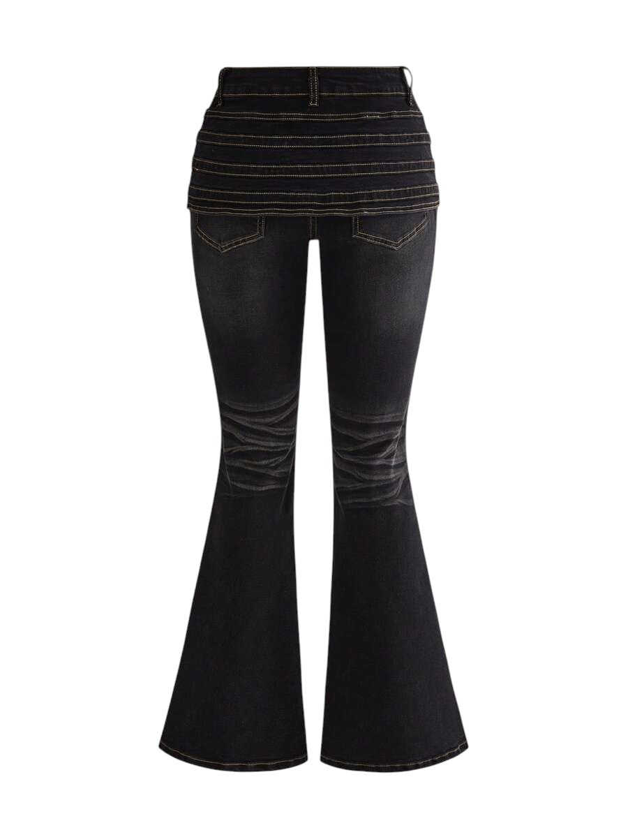 Dark Wash Ultra Low Rise Flared Denim Pants with Metallic Details