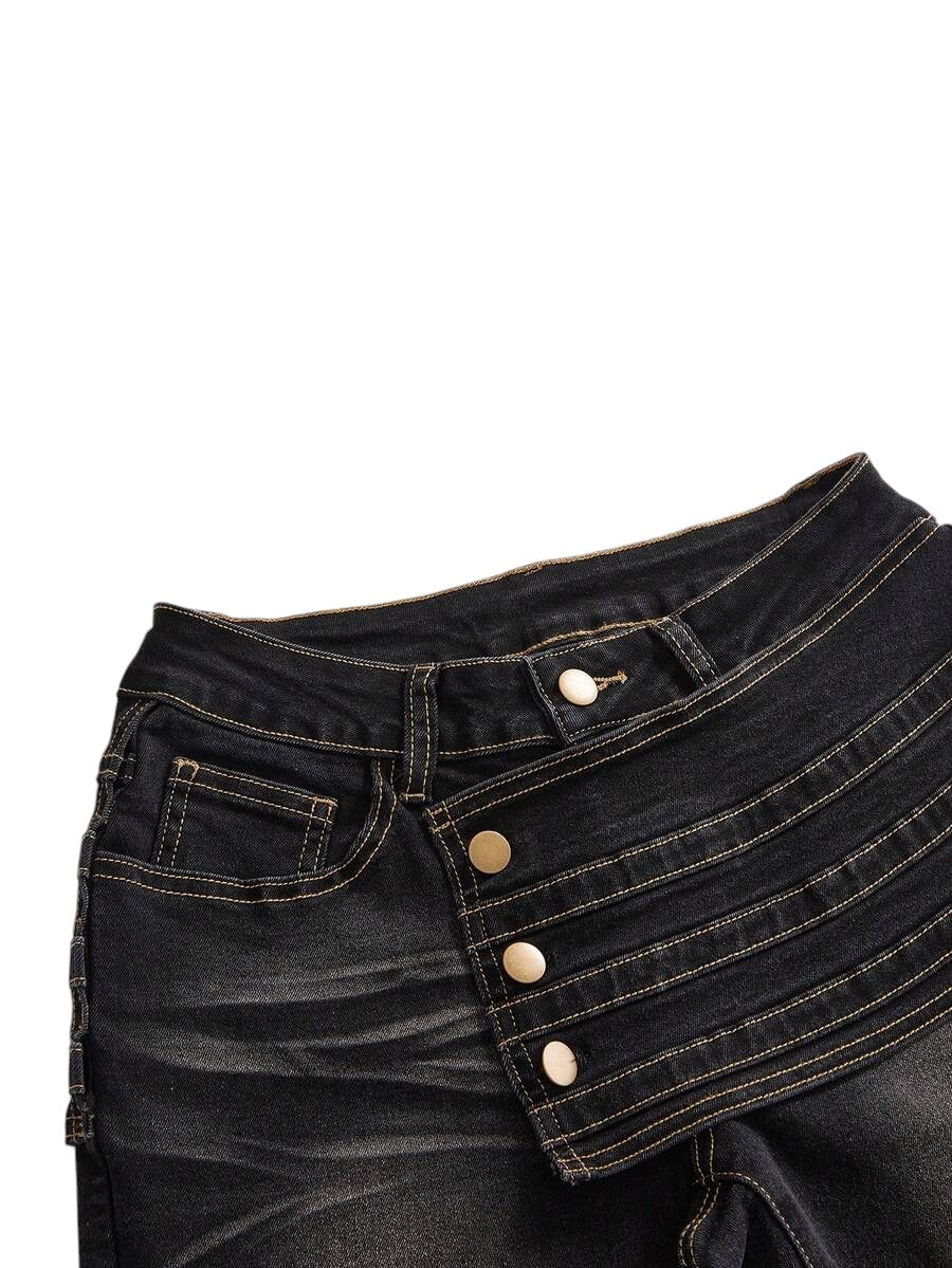Dark Wash Ultra Low Rise Flared Denim Pants with Metallic Details