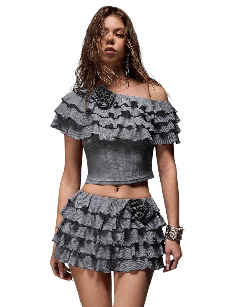 Sweet Ruffle Layered 3D Floral Knit Top & Relaxed Shorts Vacation Co-Ord Set