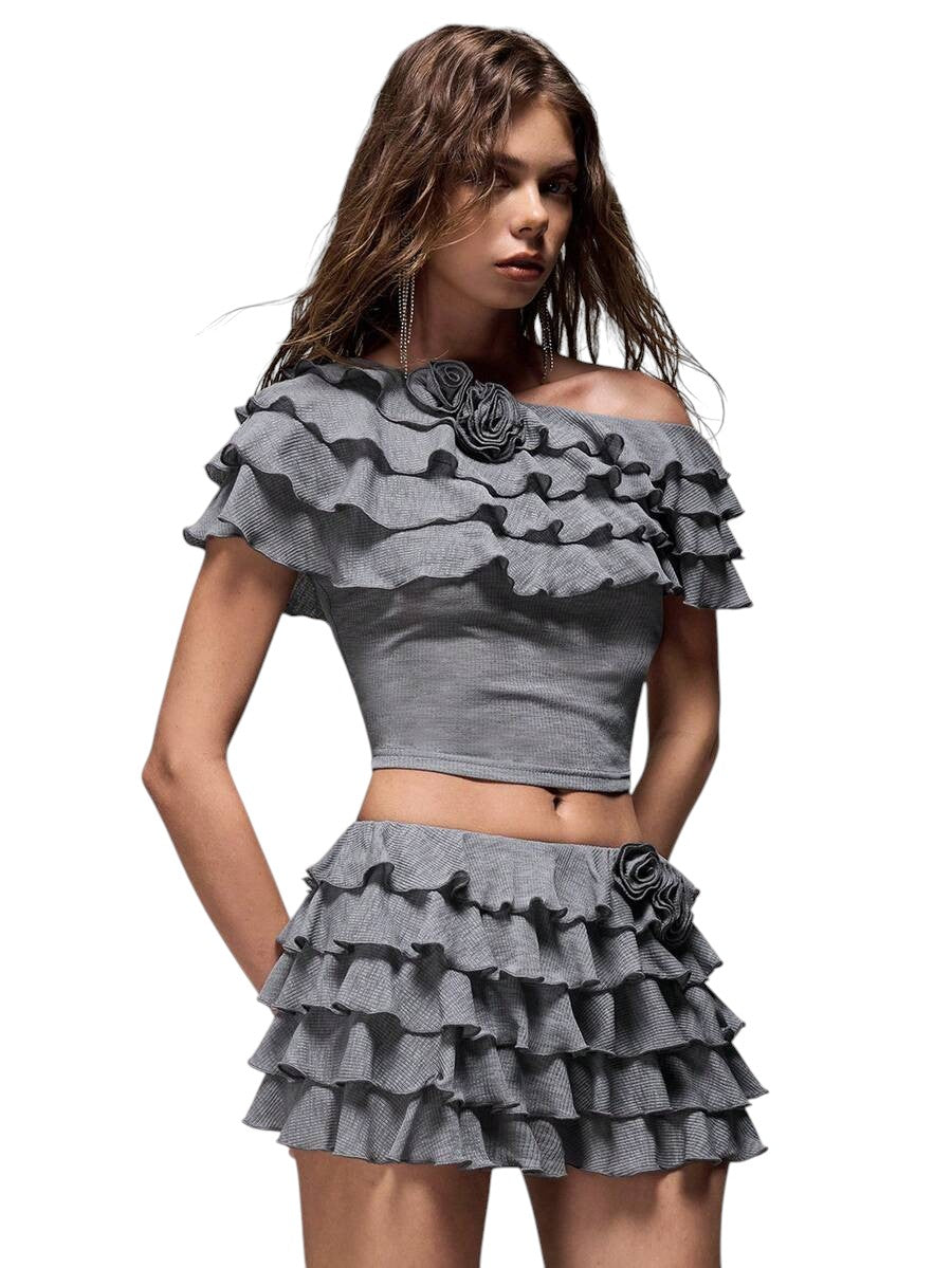 Sweet Ruffle Layered 3D Floral Knit Top & Relaxed Shorts Vacation Co-Ord Set