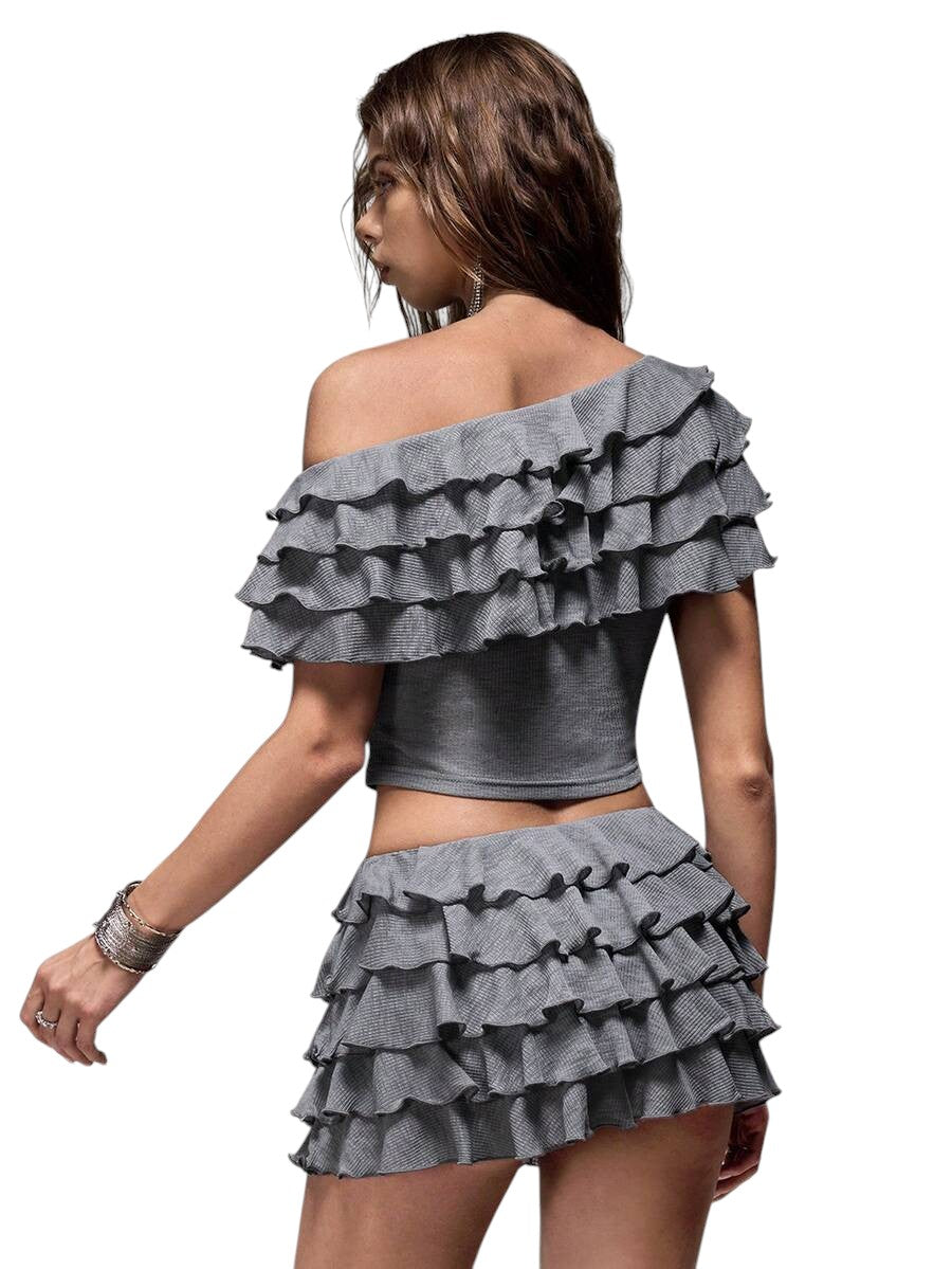 Sweet Ruffle Layered 3D Floral Knit Top & Relaxed Shorts Vacation Co-Ord Set