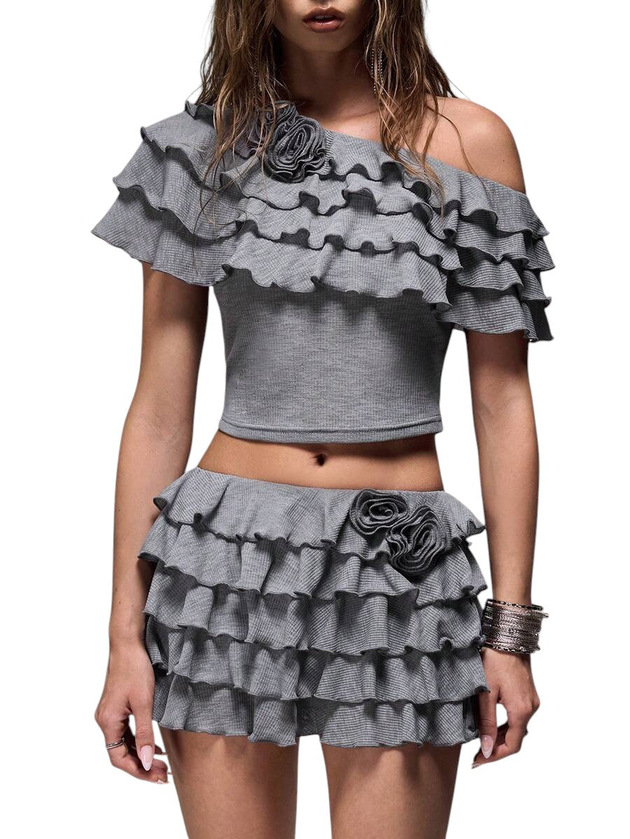 Sweet Ruffle Layered 3D Floral Knit Top & Relaxed Shorts Vacation Co-Ord Set