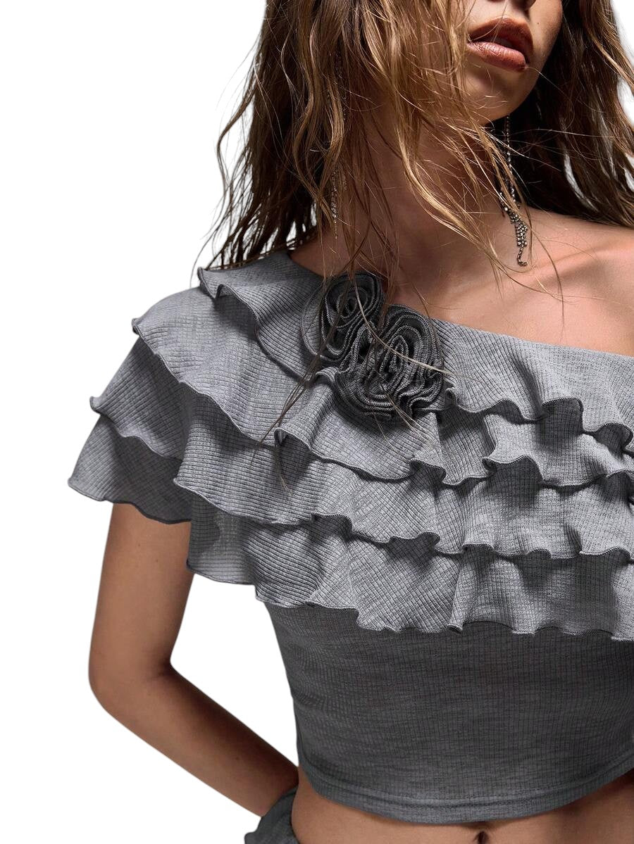 Sweet Ruffle Layered 3D Floral Knit Top & Relaxed Shorts Vacation Co-Ord Set