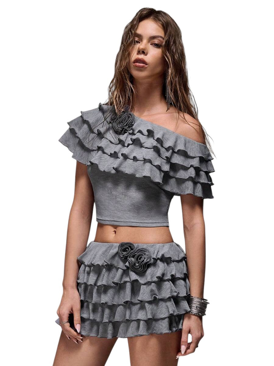 Sweet Ruffle Layered 3D Floral Knit Top & Relaxed Shorts Vacation Co-Ord Set