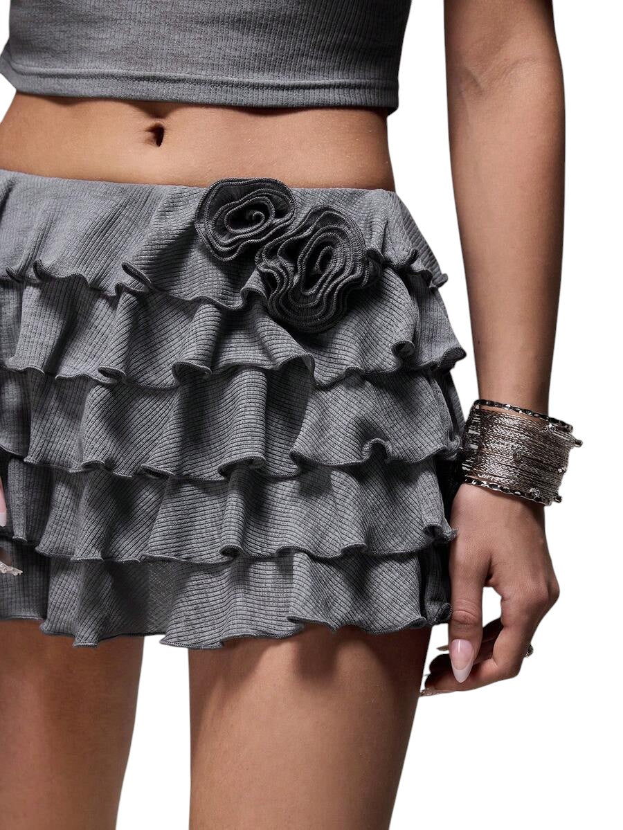 Sweet Ruffle Layered 3D Floral Knit Top & Relaxed Shorts Vacation Co-Ord Set