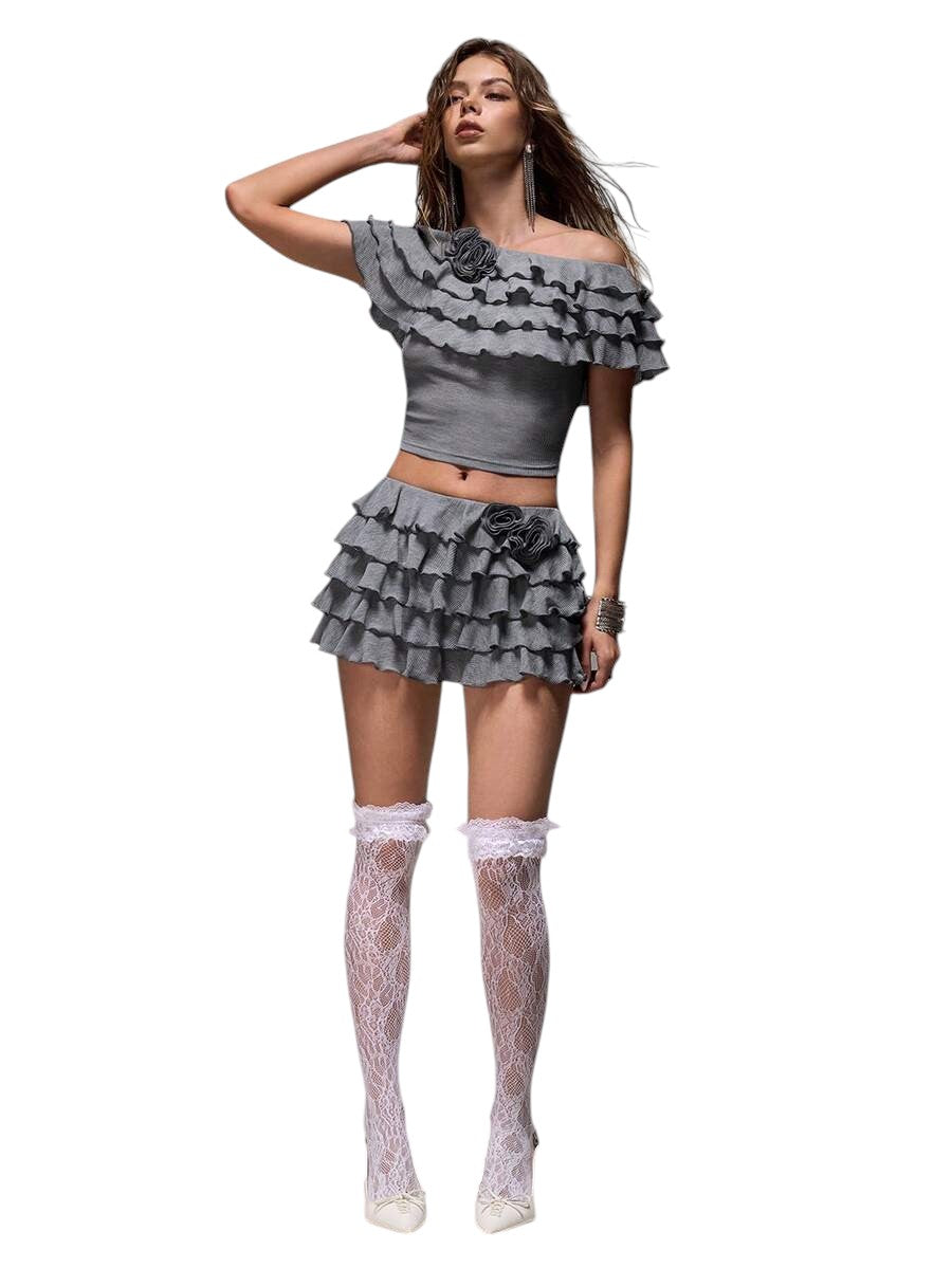 Sweet Ruffle Layered 3D Floral Knit Top & Relaxed Shorts Vacation Co-Ord Set