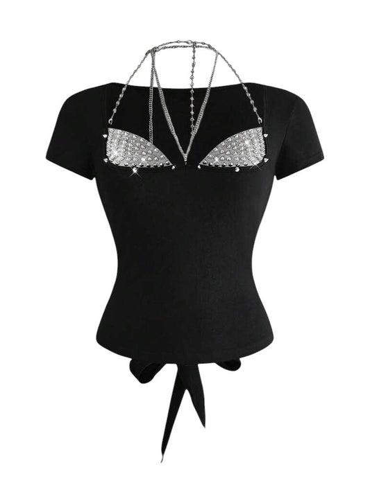 Avant Rivet Halter Layered Slim Fit Y2K Black T-shirt