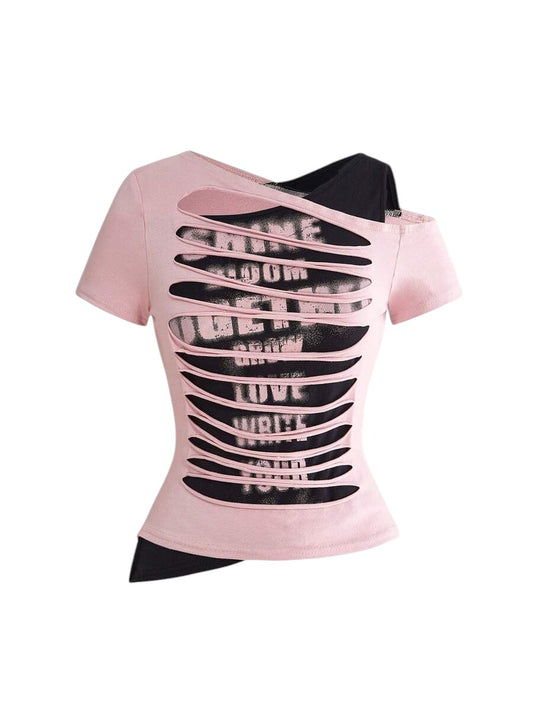 Asymmetric One Shoulder Layered Letter Print Slim Fit Pink T-Shirt