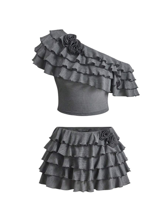 Sweet Ruffle Layered 3D Floral Knit Top & Relaxed Shorts Vacation Co-Ord Set