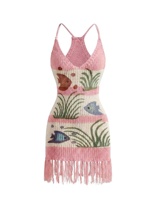 Pink Fish Print Tassel Knit Mini Dress for Beach & Summer Holidays
