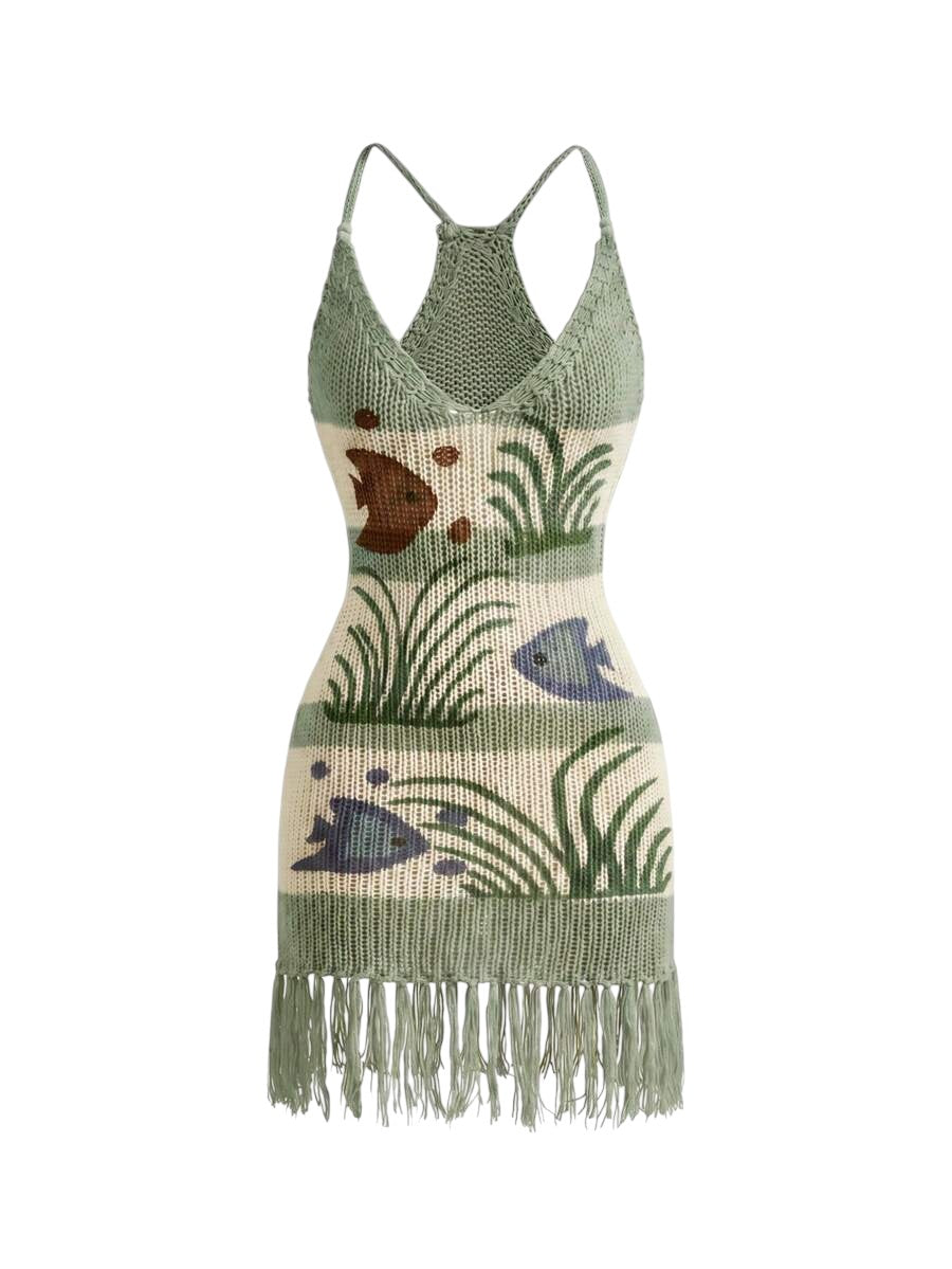 Green Fish Print Tassel Knit Beach Dress for Summer Vacation