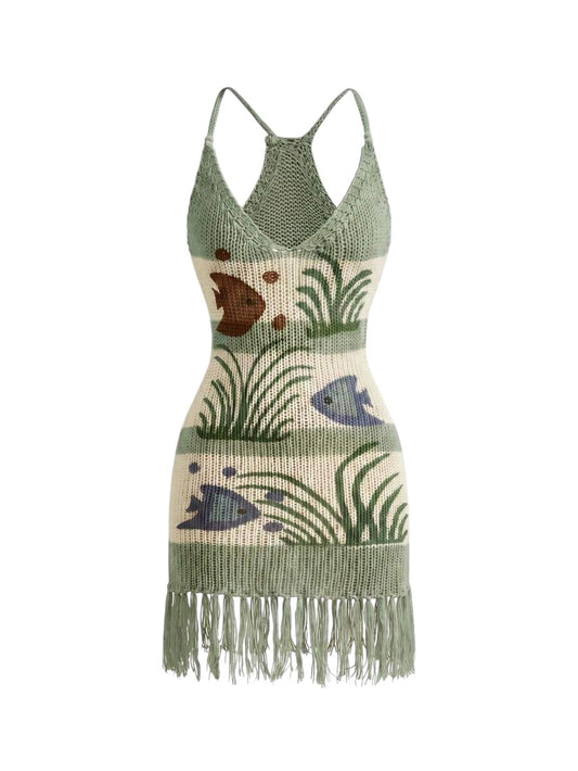 Green Fish Print Tassel Knit Beach Dress for Summer Vacation