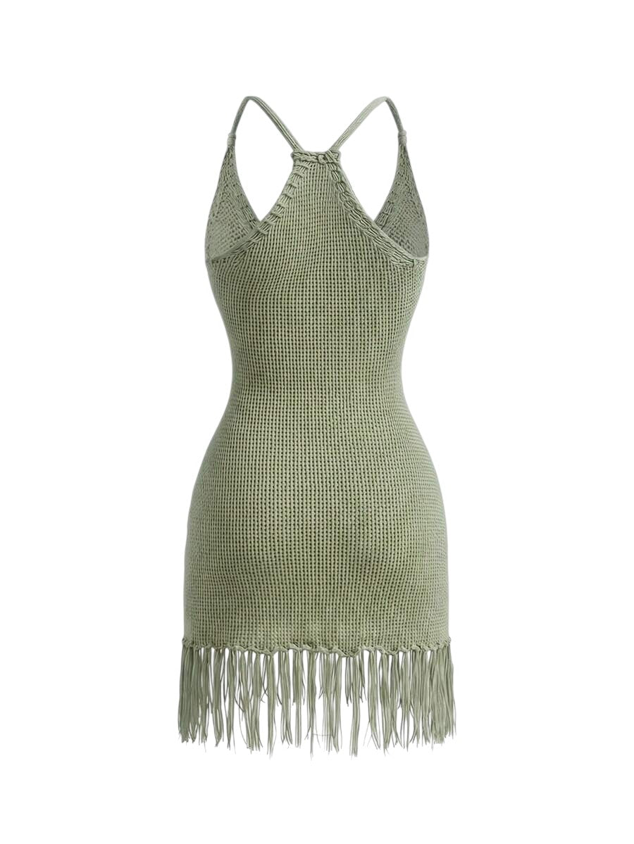 Green Fish Print Tassel Knit Beach Dress for Summer Vacation