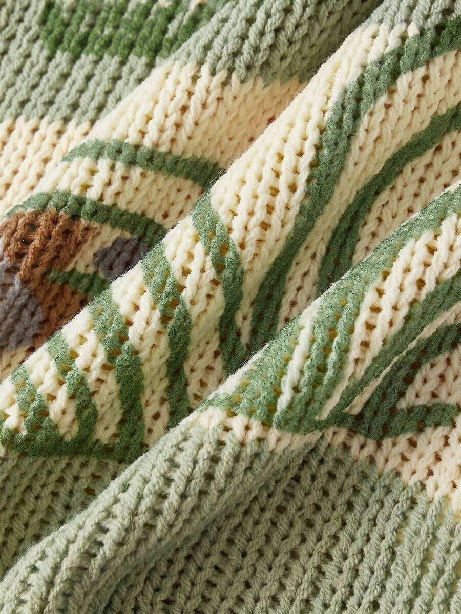 Green Fish Print Tassel Knit Beach Dress for Summer Vacation