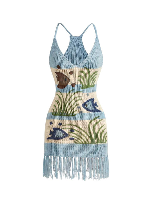 Blue Fish Print Tassel Knit Mini Dress for Beach Vacation & Resort Wear