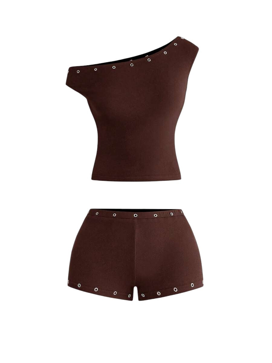 Women's Asymmetrical Brown Shoulder Eyelet Crop Top & Ultra Low Rise Mini Shorts Set