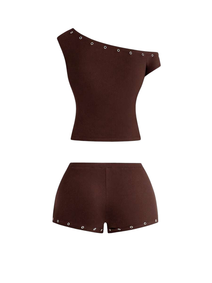 Women's Asymmetrical Brown Shoulder Eyelet Crop Top & Ultra Low Rise Mini Shorts Set
