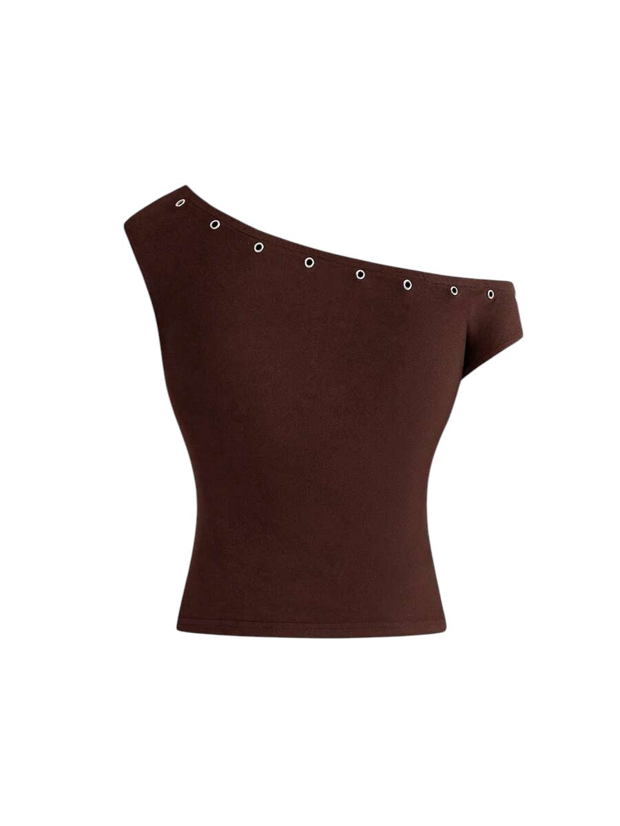 Women's Asymmetrical Brown Shoulder Eyelet Crop Top & Ultra Low Rise Mini Shorts Set