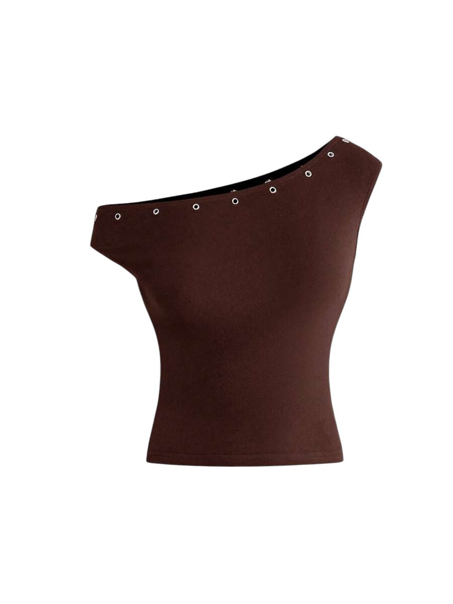 Women's Asymmetrical Brown Shoulder Eyelet Crop Top & Ultra Low Rise Mini Shorts Set