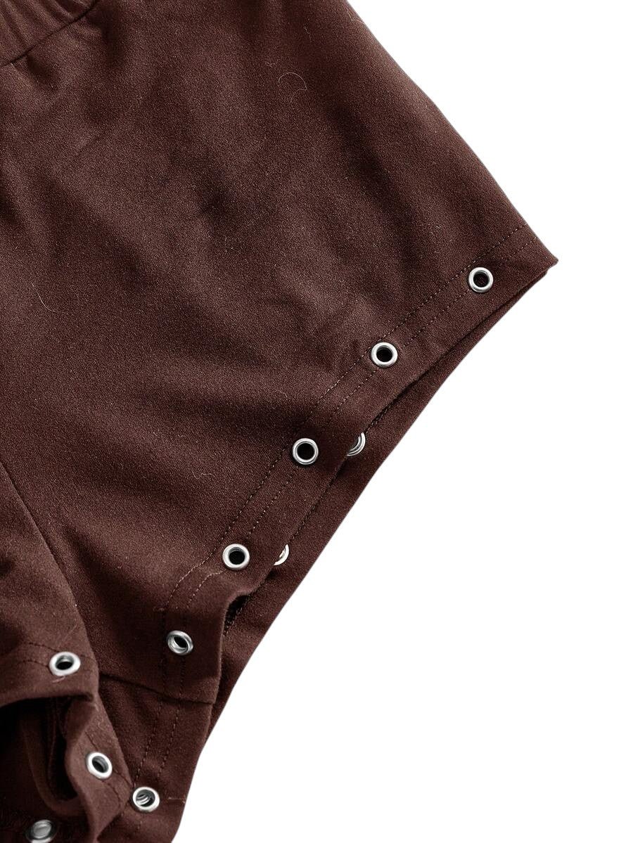 Women's Asymmetrical Brown Shoulder Eyelet Crop Top & Ultra Low Rise Mini Shorts Set