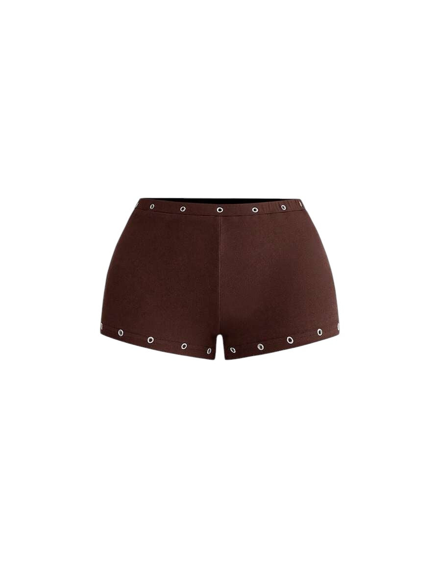 Women's Asymmetrical Brown Shoulder Eyelet Crop Top & Ultra Low Rise Mini Shorts Set