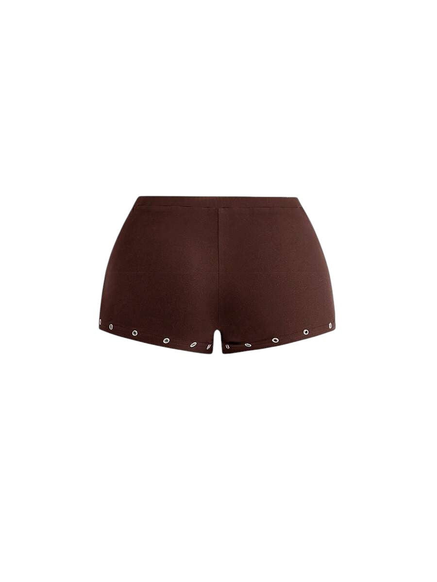 Women's Asymmetrical Brown Shoulder Eyelet Crop Top & Ultra Low Rise Mini Shorts Set