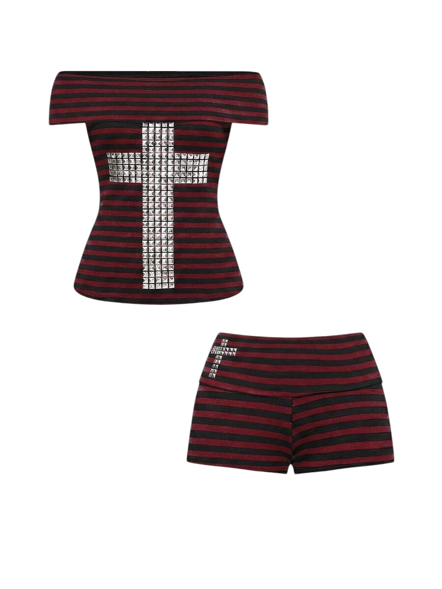 Red Striped Rivet Cross Shoulder Top & Ultra Low Waist Mini Shorts Co-Ord Set