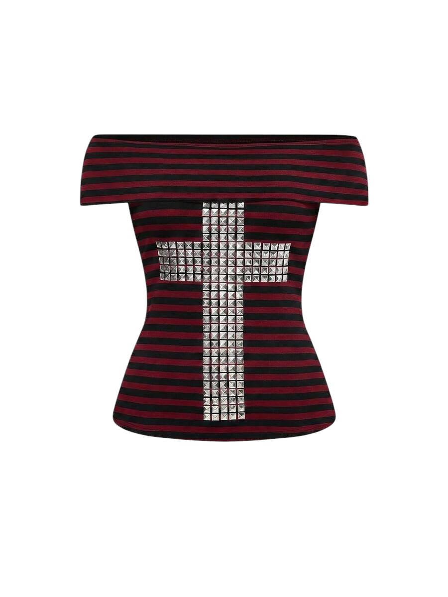 Red Striped Rivet Cross Shoulder Top & Ultra Low Waist Mini Shorts Co-Ord Set