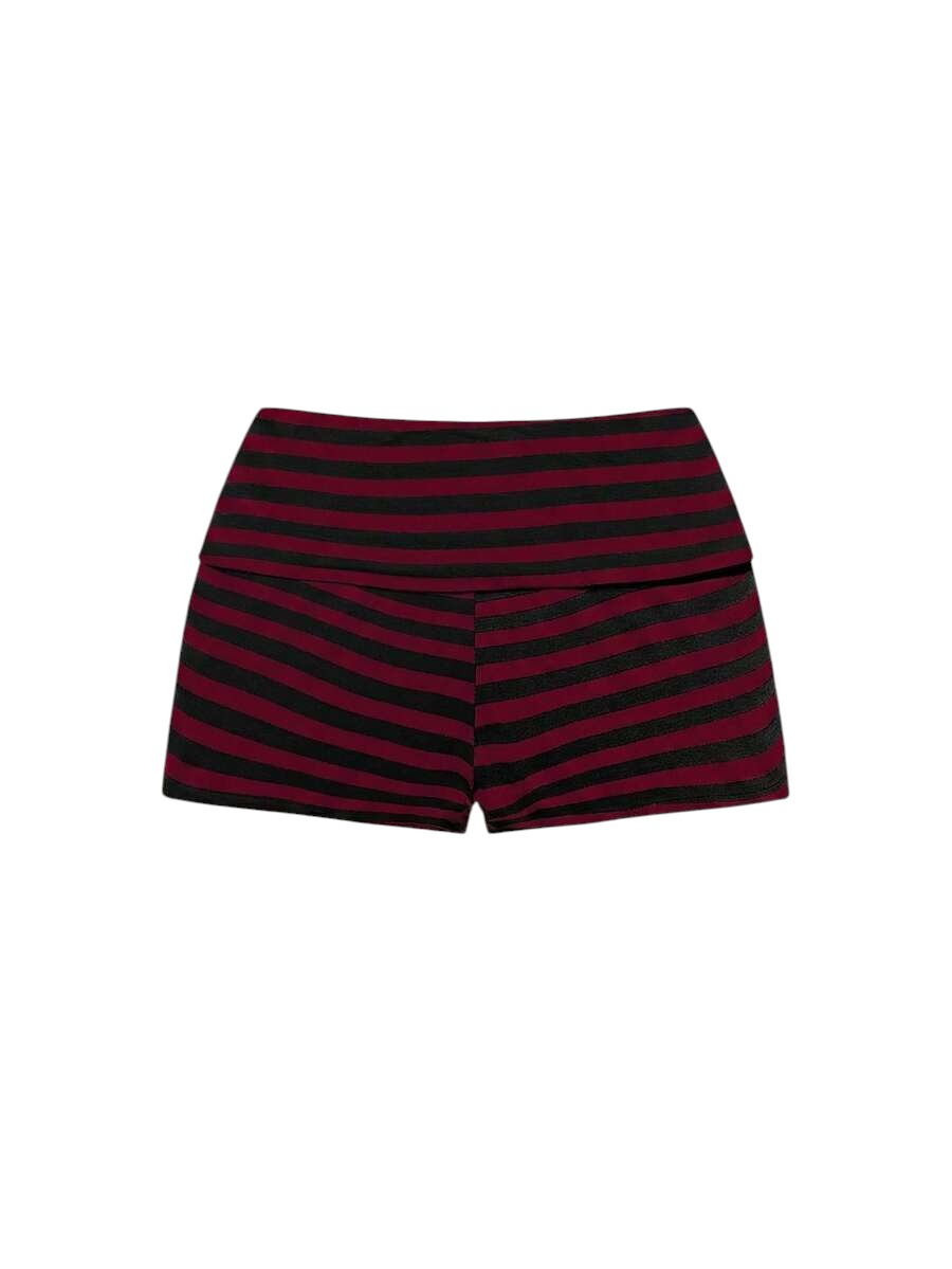 Red Striped Rivet Cross Shoulder Top & Ultra Low Waist Mini Shorts Co-Ord Set