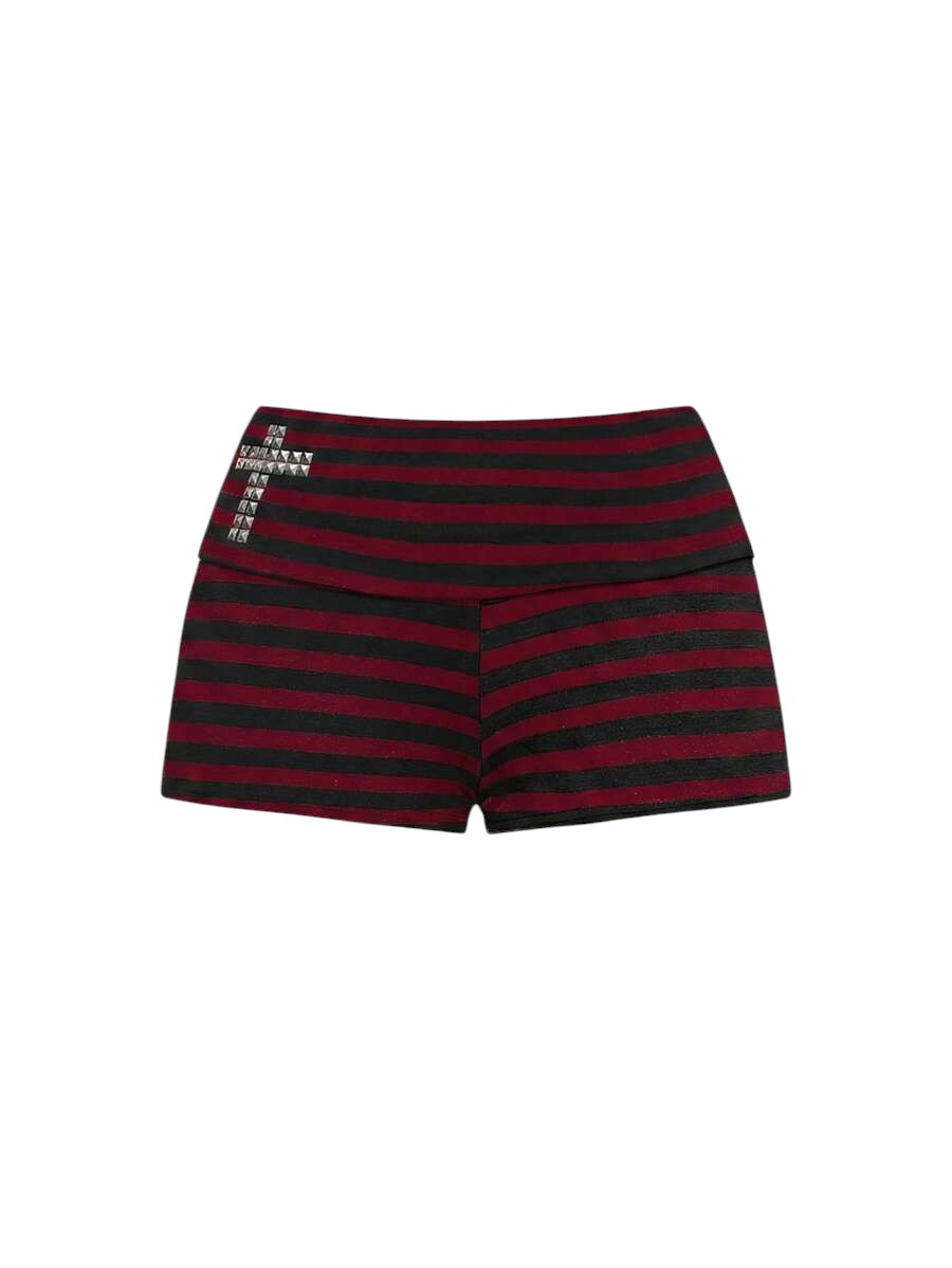 Red Striped Rivet Cross Shoulder Top & Ultra Low Waist Mini Shorts Co-Ord Set