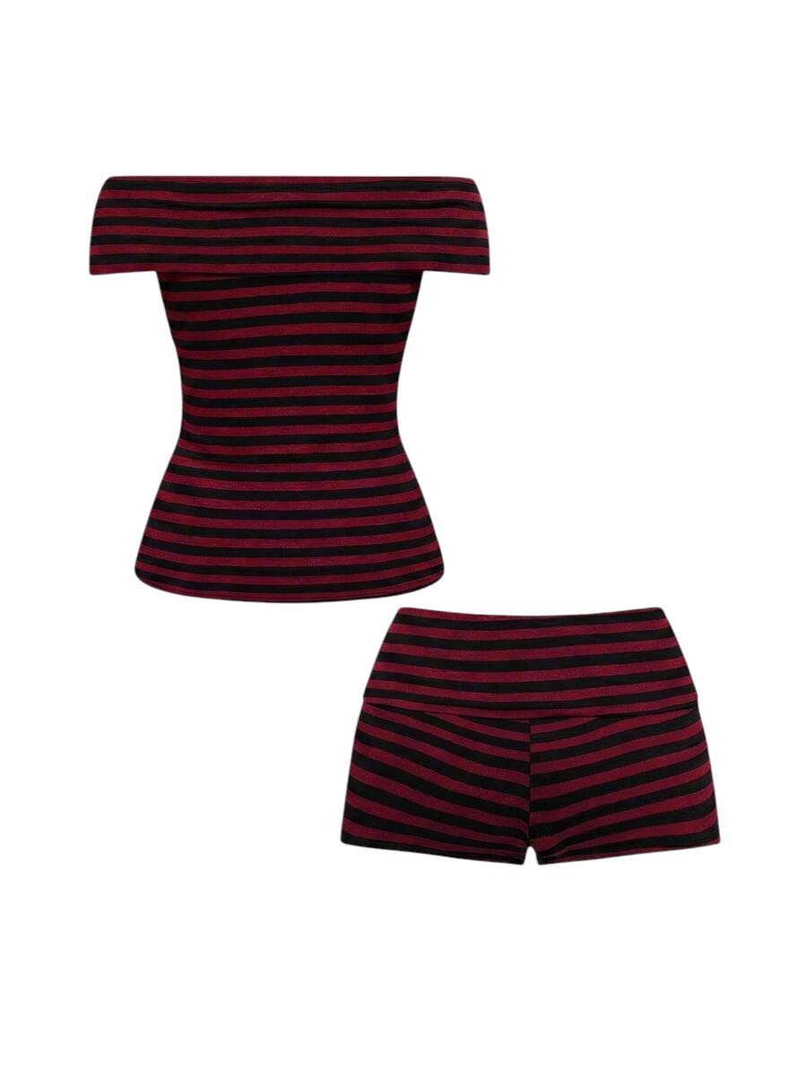 Red Striped Rivet Cross Shoulder Top & Ultra Low Waist Mini Shorts Co-Ord Set