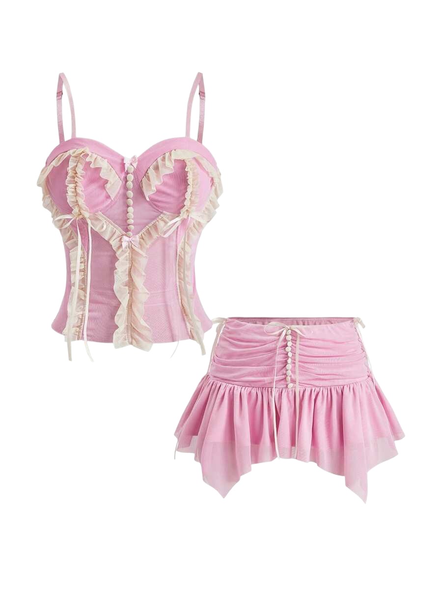 Romantic Palace Lace Bow Camisole & Ruffle Mini Skirt Co-Ord Set